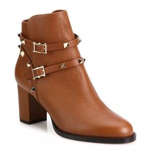 Valentino Garavani Rockstud Leather Ankle Boots Booties Cognac size 35